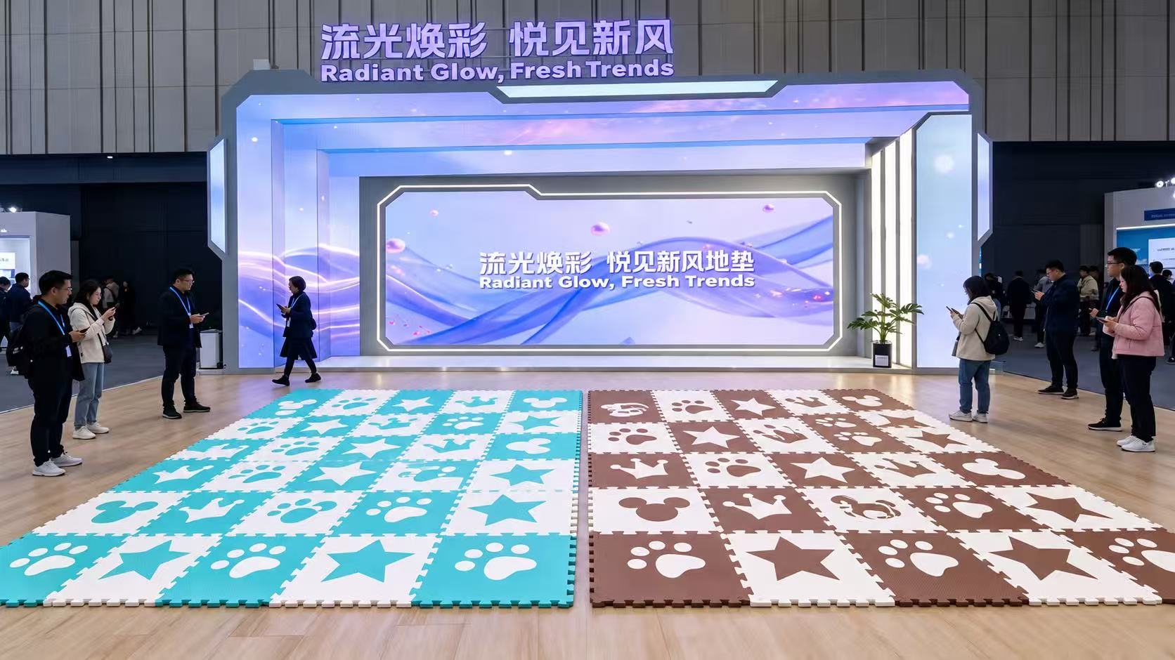 Turquoise and brown patterned puzzle mat arrangements in the exhibition display