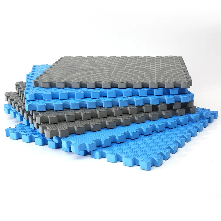 Stacked five-stripe EVA tiles with edge strips