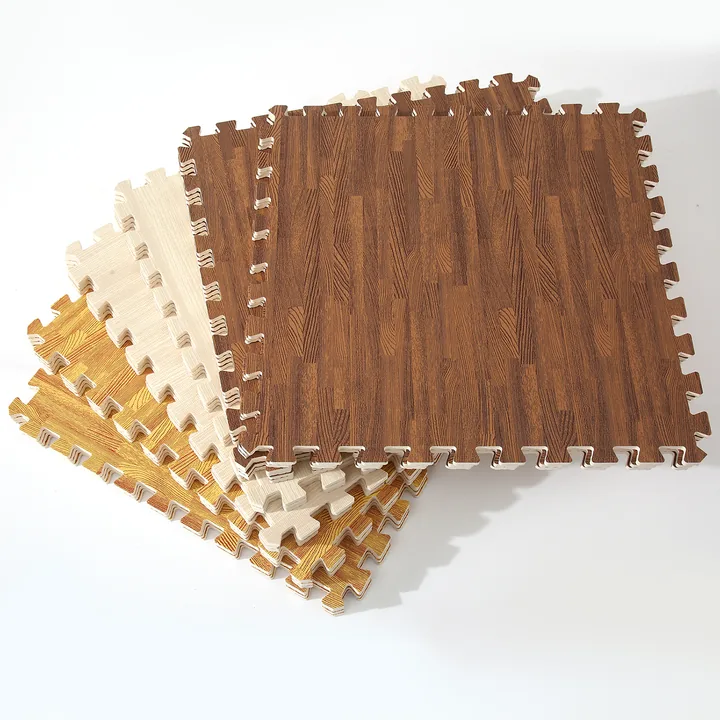 Wood-look finished EVA tiles with interlocking edges