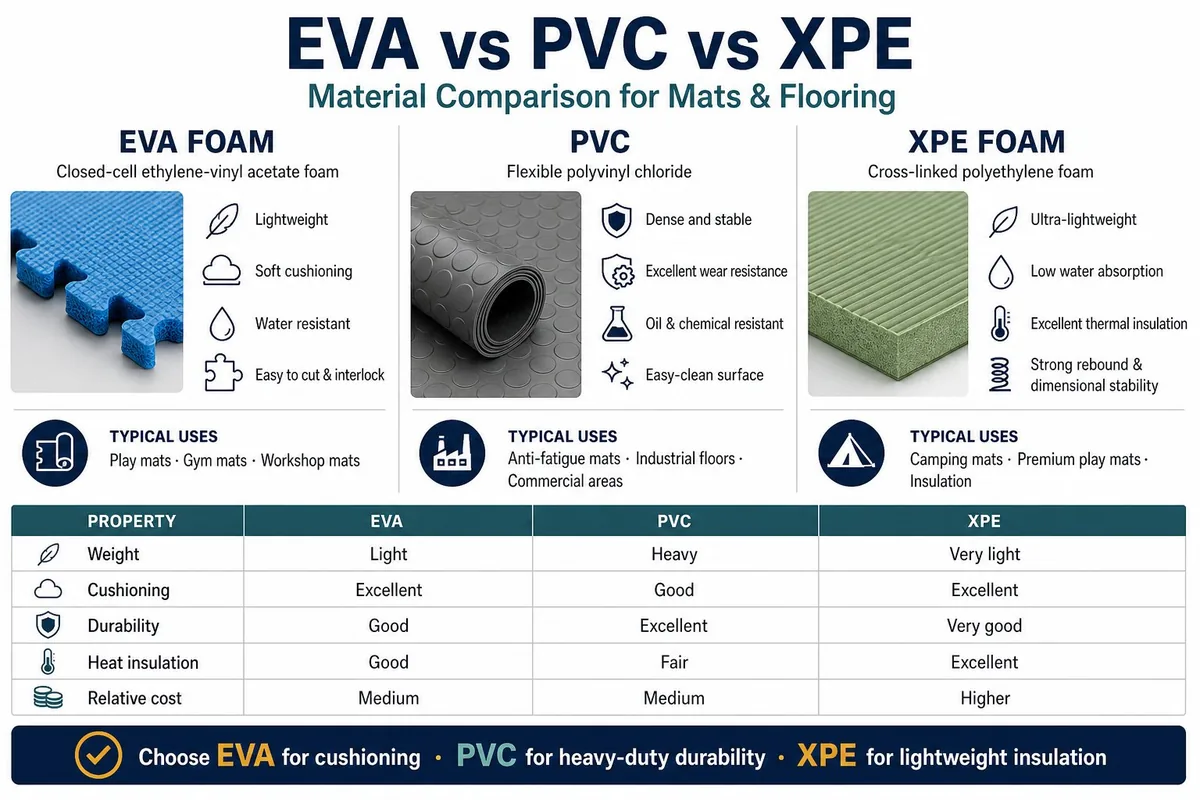 EVA vs PVC vs XPE foam mat material comparison chart